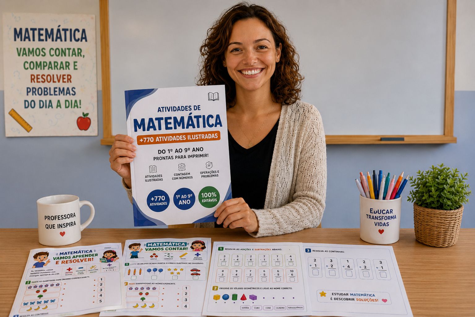 Atividades de Matemática espalhadas sobre mesa